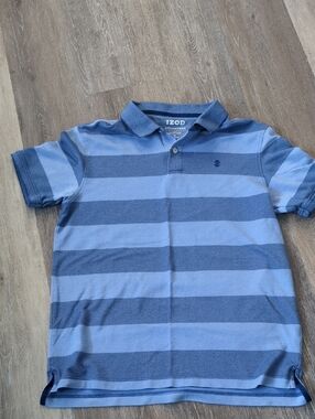 Izod Men's Light Blue and Navy Striped Polo